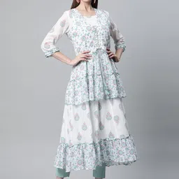 Readiprint Fashions Women White & Turquoise Blue Ethnic Motifs Printed Chikankari Floral Anarkali Kurta-image-54