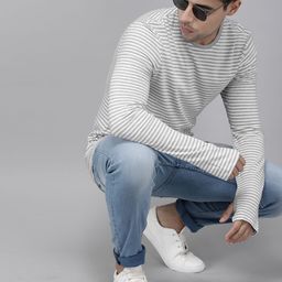 Roadster Men White  Grey Striped Round Neck Pure Cotton T-shirt-image-69