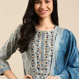 SHOWOFF Women Blue Floral Printed Empire Aari Work Chanderi Silk Kurta with Palazzos & With Dupatta-picture-10