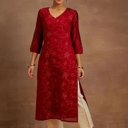 Libas Women Red Floral Thread Work Chanderi Silk Kurta-image-24