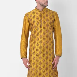DEYANN Men Yellow Printed Regular Dupion Silk Kurta with Churidar-image-61