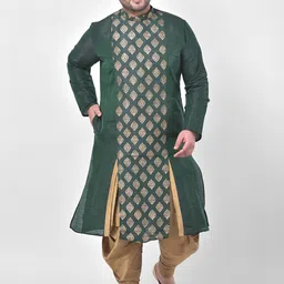 DEYANN PLUS Men Green Ethnic Motifs Printed Plus Size Dupion Silk Kurta with Dhoti Pants-4