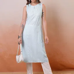 Vishudh Blue Floral Embroidered Keyhole Neck Sleeveless  Thread Work A-Line Kurta-picture-41