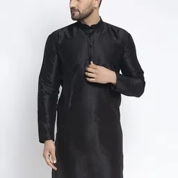Jompers Men Black Solid Dupion Silk Thread Work Straight Kurta-image-2