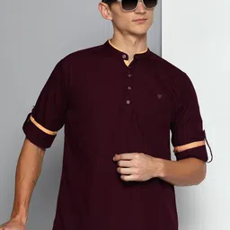 Kuons Avenue Band Collar Roll Up Sleeves Linen Cotton Short Kurta-picture-20