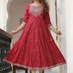 DARVIKAA COLLECTION Floral Printed Embroidered Detailed A-Line Midi Ethnic Dress-picture-1