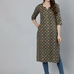 Nayo Women Black & Brown Ethnic Motifs Printed Cotton Straight Kurta-image-95