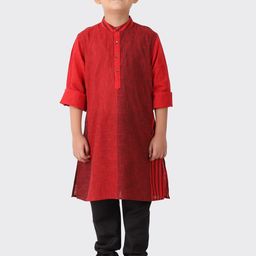 Fabindia Boys Red Mandarin Collar Full Sleeves Cotton Kurta-image-0
