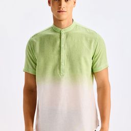 Red Flame Tie & Dye Band Collar Linen Cotton Kurta-image-13