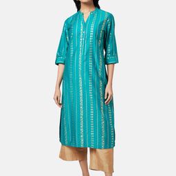 RANGMANCH BY PANTALOONS Women Teal Printed Rolled- Up Sleeves Straight Kurta-image-65