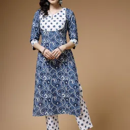 Indibelle Ethnic Motifs Printed Gotta Patti Indigo Cotton Straight Kurta-image-11