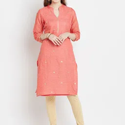AgrohA Women Pink Checked Thread Work Kurta-image-62