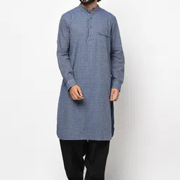 Fabindia Men Blue Checked Cotton Kurta-5