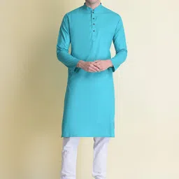 NAMASKAR Men Blue Cotton Solid Kurta-image-99
