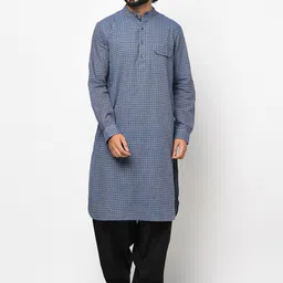 Fabindia Men Blue Checked Cotton Kurta-37