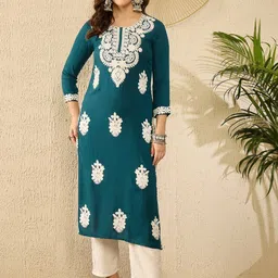 AHIKA Floral Embroidered Round Neck Thread Work Straight Kurta-56
