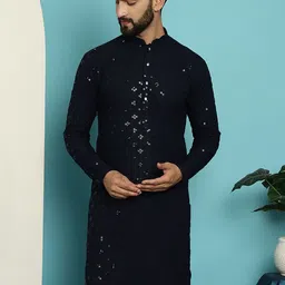 SOJANYA Geometric Embroidered Mandarin Collar Sequins Pure Cotton Kurta-picture-58