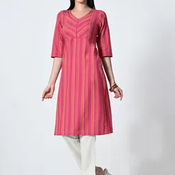ALL WAYS YOU Striped V-Neck Cotton Straight Kurta-image-47