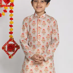 VASTRAMAY Boys Beige And Orange Floral Print Mandarin Collar Cotton Kurta-26