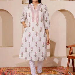 VASVI Floral Printed Mandarin Collar Cotton Straight Kurta-picture-37