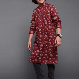 Aks Kids Boys Floral Printed Mandarin Collar Cotton Straight Kurta-34