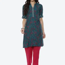 Rangriti Women Teal & Red Floral Printed Thread Work Kurta-image-90