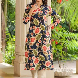 Rain & Rainbow Floral Printed Mandarin Collar Pure Cotton Straight Kurta-10