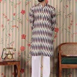 Ode by House of Pataudi Geometric Printed Mandarin Collar Straight Kurta-image-7