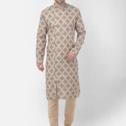 TABARD Men Green & Beige Geometric Printed Thread Work Kurta-picture-53