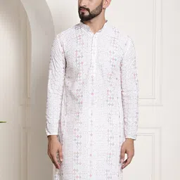 SOJANYA Band Collar Geometric Printed Thread Work Cotton Kurta-picture-13