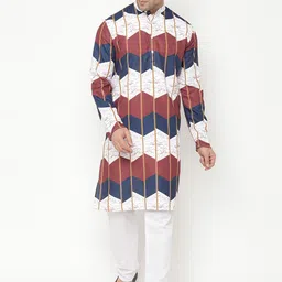 Hangup Men White & Navy Blue Geometric Printed Thread Work Kurta-image-40