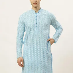 Jompers Men Turquoise Blue & White Floral Embroidered Pure Cotton Kurta-picture-40