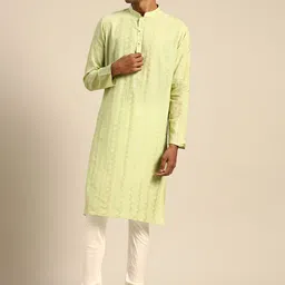 KISAH Geometric Embroidered Straight Regular Cotton Kurta-image-92