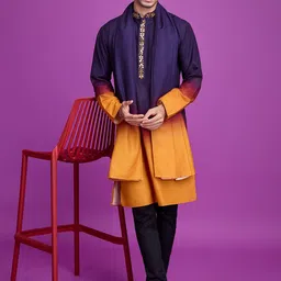 SHUBHVASTRA Ombre Printed Mandarin Collar Mirror Work Straight Kurta With Dupatta-picture-6