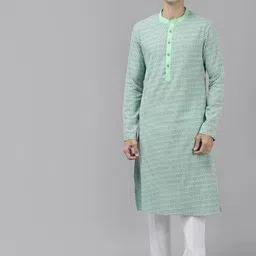 See Designs Men Green & White Geometric Printed Kurta-36