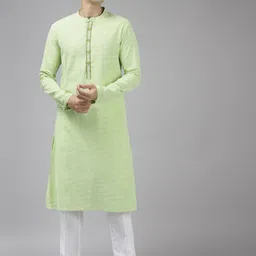 See Designs Men Lime Green & White Geometric Printed Thread Work Kurta-picture-19