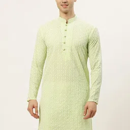 Jompers Men Green & White Ethnic Motifs Embroidered Thread Work Kurta-1
