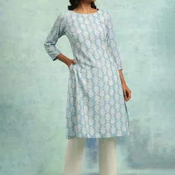 W The Folksong Collection Ethnic Motifs Printed Mirror Work Pure Cotton Kurta-picture-38