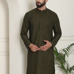 SOJANYA Geometric Embroidered Thread Work Mandarin Collar Pure Cotton Straight Kurta-image-2