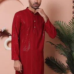 Jompers Men Checked Flared Sleeves Thread Work Kurta-1
