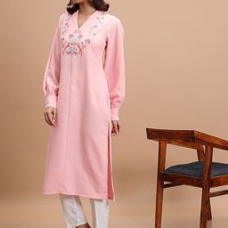 Vishudh Pink Floral Yoke Design Thread Work Straight Kurta-image-38
