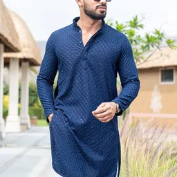 FoxDX Men Geometric Flared Sleeves Thread Work Kurta-6