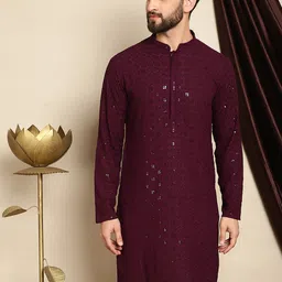 Anouk Burgundy Ethnic Motifs Embroidered Pure Cotton Sequined Straight Kurta-45