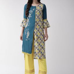 Anouk Teal Blue Printed Flared Sleeves Thread Work Pure Cotton Straight Kurta-13