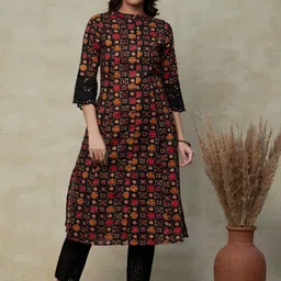 FASHOR Black & Red Ethnic Motifs Printed Schiffli Panelled A-Line Cotton Kurta-0