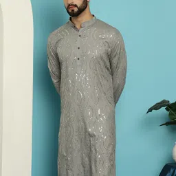 SOJANYA Abstract Embroidered Sequinned Long Sleeves Straight Pure Cotton Kurta-image-8