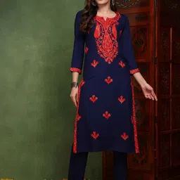 AHIKA Ethnic Motifs Embroidered Notched Neck Chikankari Straight Kurta-image-80