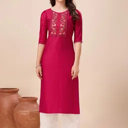 MOJILAA Floral Yoke Design Thread Work Straight Kurta-picture-4