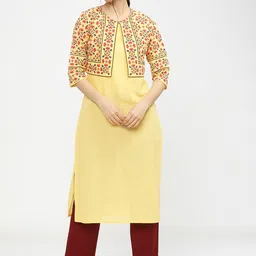 Vishudh Women Yellow Geometric Yoke Design Mirror Work Kurta-picture-3