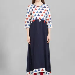 Kvsfab Asymmetric Hem Geometric Printed A-Line Cotton Kurta-9